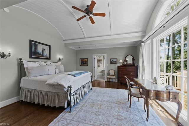 bedroom featuring ceiling fan, vaulted ceiling, and hardwood / wood-style flooring