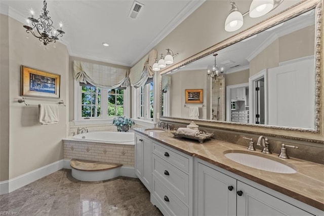 bathroom featuring vanity, an inviting chandelier, a relaxing tiled tub, and ornamental molding