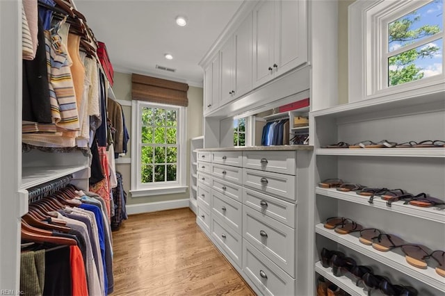 spacious closet featuring light wood-type flooring