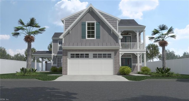 view of front of home featuring a balcony and a garage