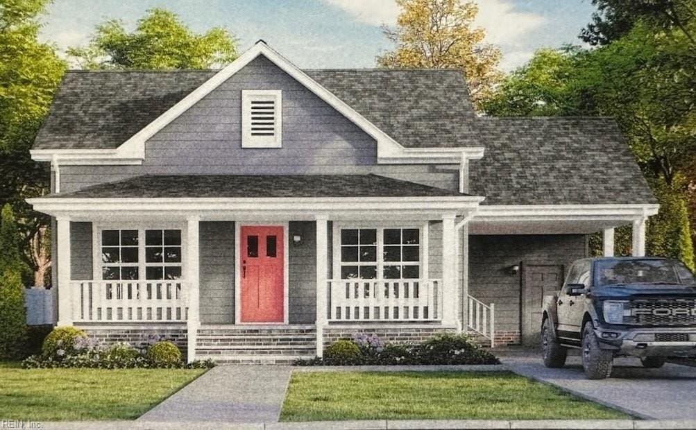 view of front of home featuring covered porch and a front lawn