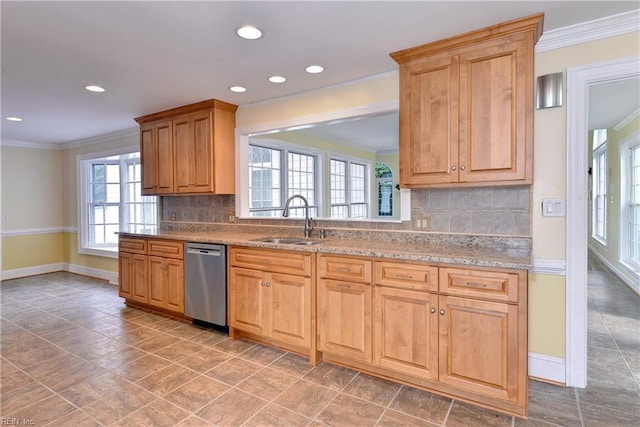 kitchen with dishwasher, a healthy amount of sunlight, decorative backsplash, and sink