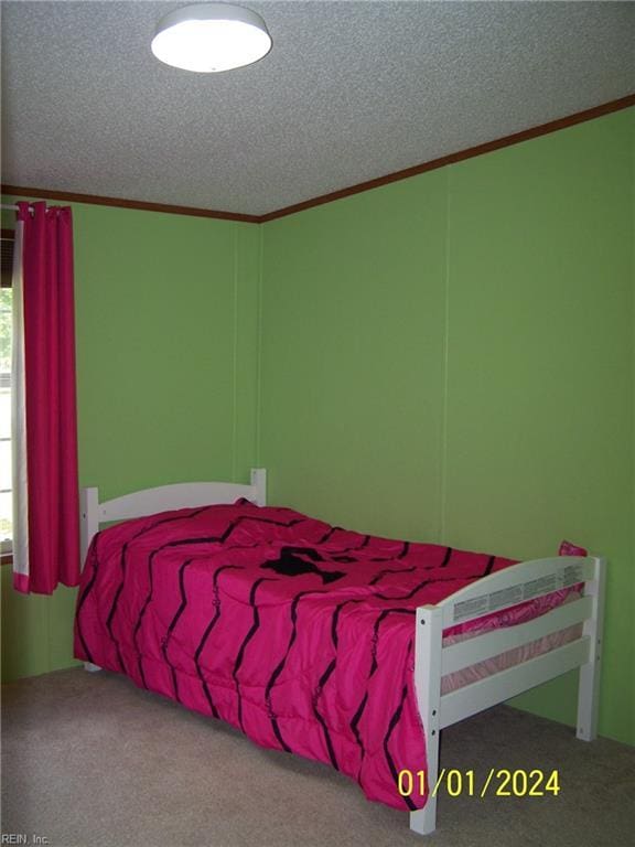 34026 Doctors Rd, Newsoms, VA 23874 - bedroom featuring ornamental molding, a textured ceiling, and carpet