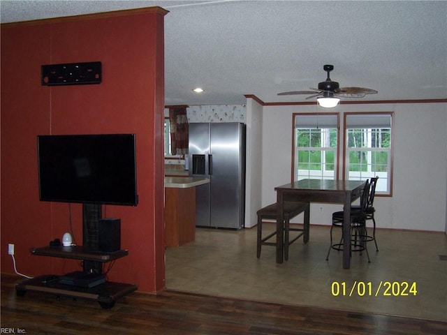 34026 Doctors Rd, Newsoms, VA 23874 - dining space featuring recessed lighting, a textured ceiling, ceiling fan, crown molding, and wood finished floors