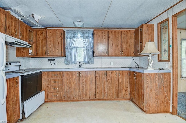 kitchen with brown cabinetry, under cabinet range hood, and white electric range oven