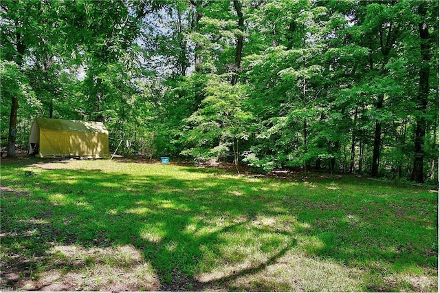 view of yard with a shed, an outdoor structure, and a wooded view