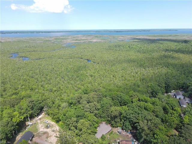 drone / aerial view featuring a water view and a wooded view