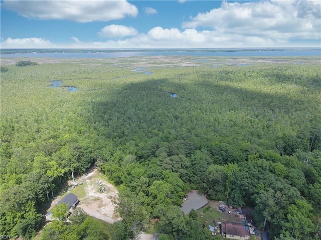 birds eye view of property with a water view and a wooded view