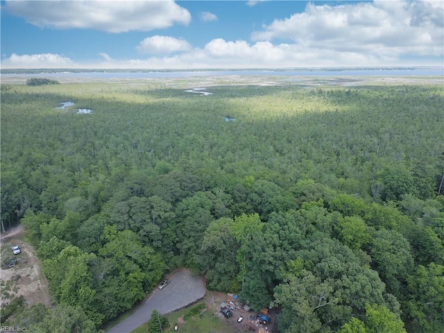 drone / aerial view with a wooded view