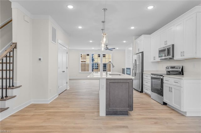 kitchen featuring stainless steel appliances, white cabinetry, sink, and a center island with sink