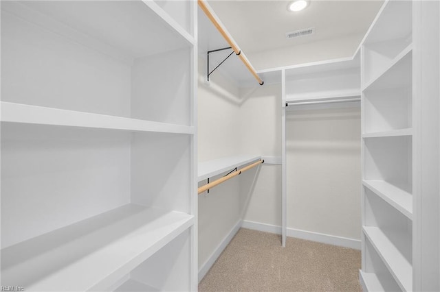 walk in closet with light carpet