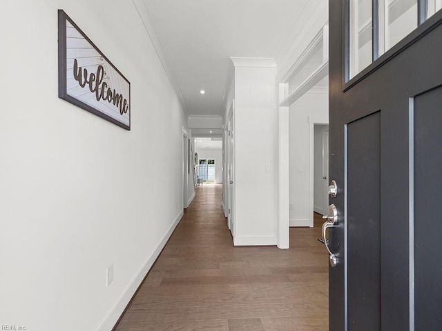 hall featuring crown molding and hardwood / wood-style floors