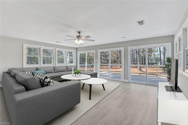 living room with light hardwood / wood-style flooring and ceiling fan