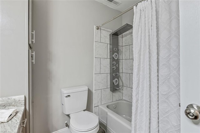 full bathroom with shower / tub combo, vanity, and toilet