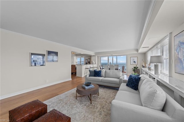 living room featuring ornamental molding and light wood-type flooring