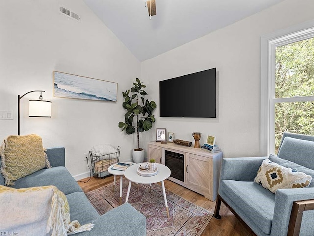 living room with light hardwood / wood-style flooring and high vaulted ceiling