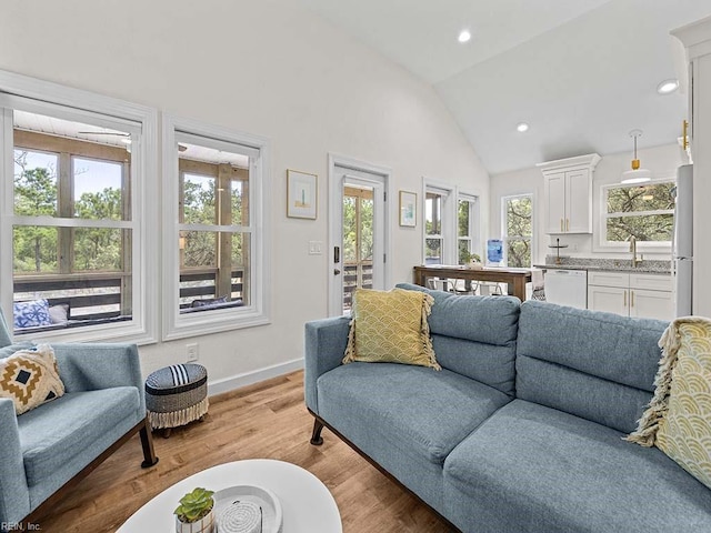 living room with sink, high vaulted ceiling, and light wood-type flooring