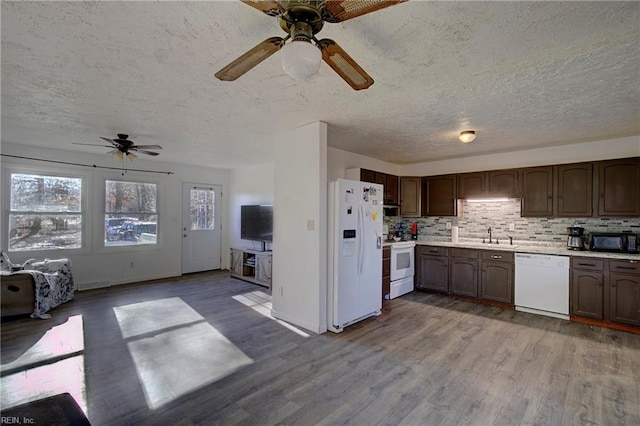 kitchen with hardwood / wood-style floors, white appliances, tasteful backsplash, and dark brown cabinets