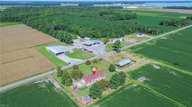 bird's eye view featuring a rural view and a water view