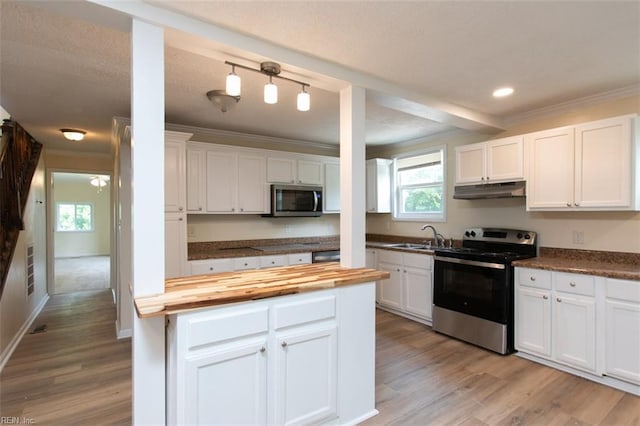 kitchen with light hardwood / wood-style flooring, stainless steel appliances, wooden counters, sink, and white cabinetry