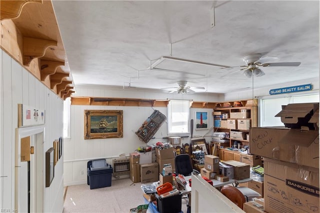 miscellaneous room with ceiling fan, carpet flooring, and a healthy amount of sunlight