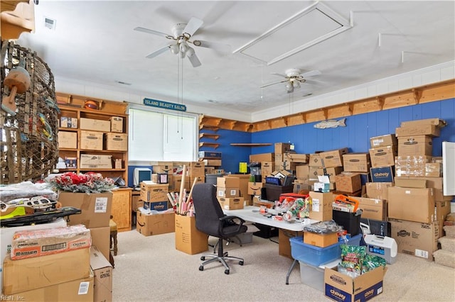 carpeted home office with ceiling fan