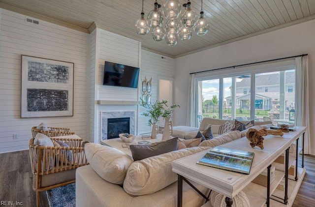 living room with dark hardwood / wood-style flooring, wood ceiling, a fireplace, and wood walls