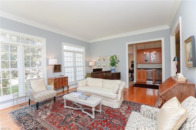 living room featuring wine cooler, hardwood / wood-style floors, and ornamental molding