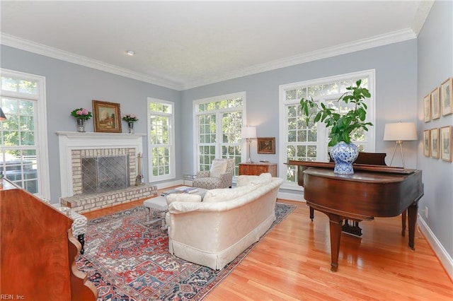 living room with a fireplace, ornamental molding, and light hardwood / wood-style floors