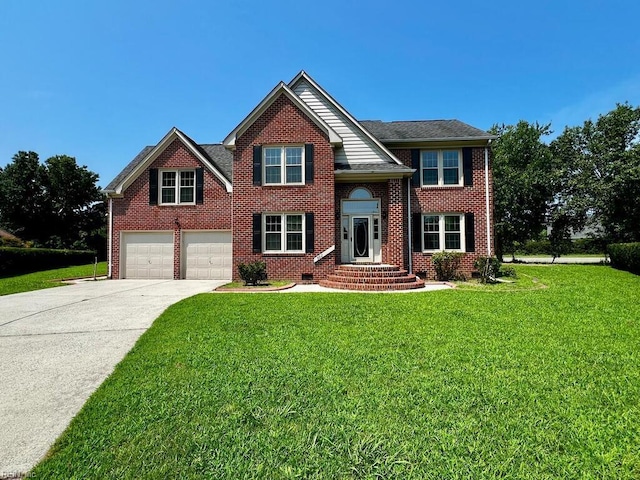 view of front facade with a garage and a front lawn