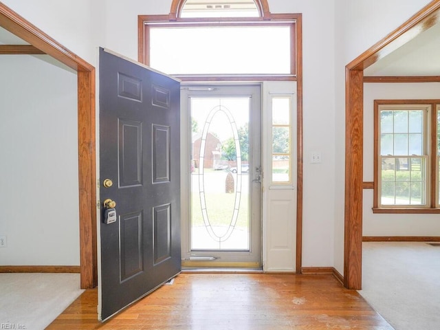 entryway featuring a wealth of natural light and light hardwood / wood-style flooring