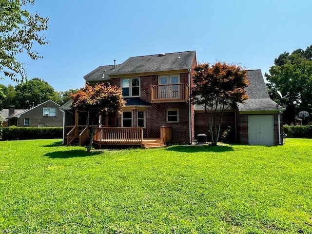 back of house with a storage shed, a yard, a deck, and central air condition unit