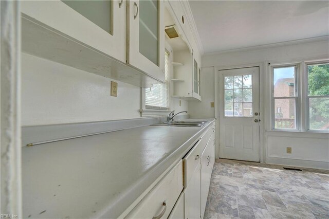 kitchen with white cabinetry, sink, ornamental molding, and a healthy amount of sunlight