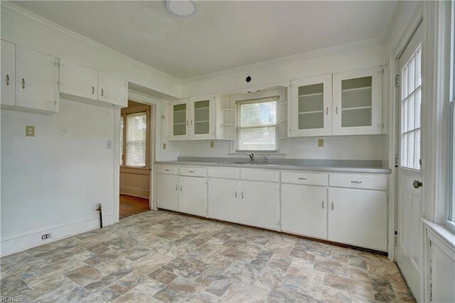 kitchen with white cabinetry, ornamental molding, and sink