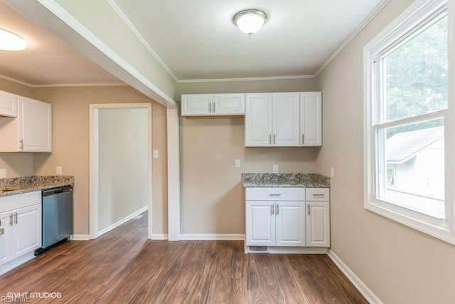 kitchen featuring light stone counters, dark hardwood / wood-style floors, dishwasher, and white cabinets