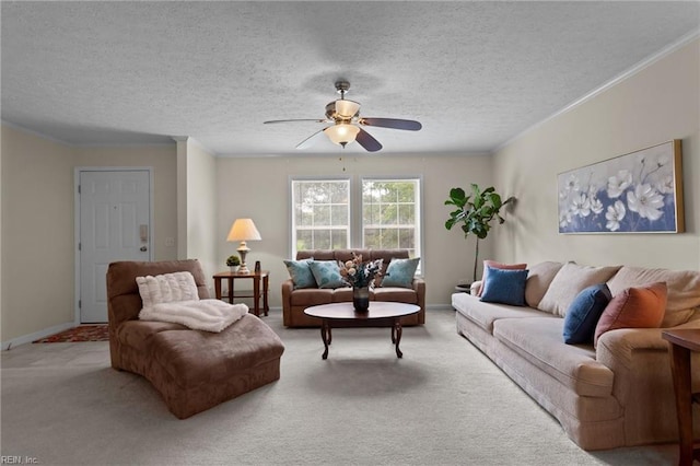 living room with crown molding, carpet floors, and a textured ceiling