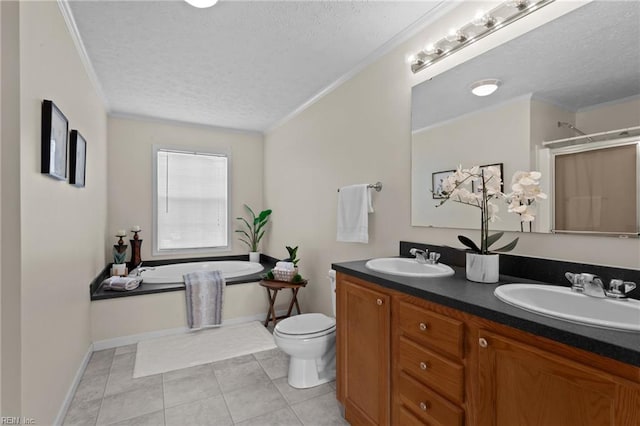 full bathroom with crown molding, vanity, and a textured ceiling