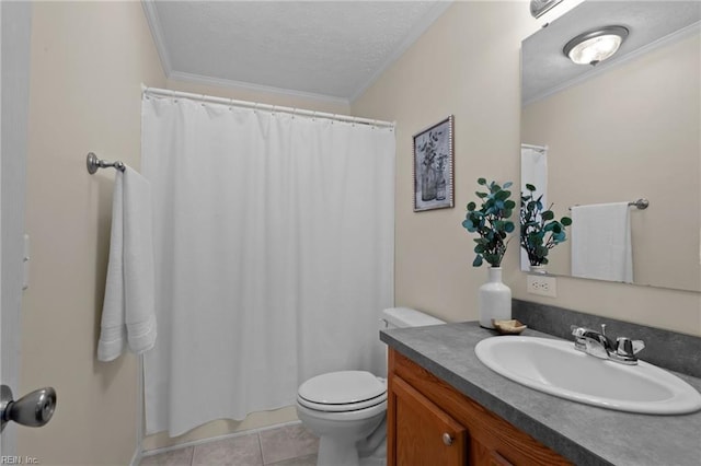 bathroom featuring crown molding, vanity, toilet, and tile patterned flooring