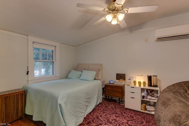 bedroom with a wall mounted AC, radiator, lofted ceiling, ceiling fan, and wood-type flooring