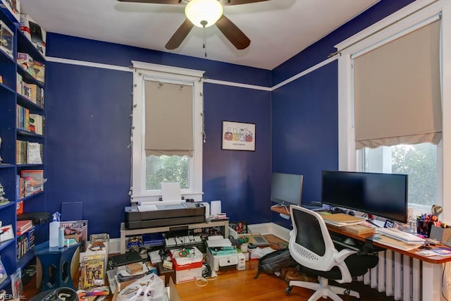 office area with hardwood / wood-style floors and ceiling fan