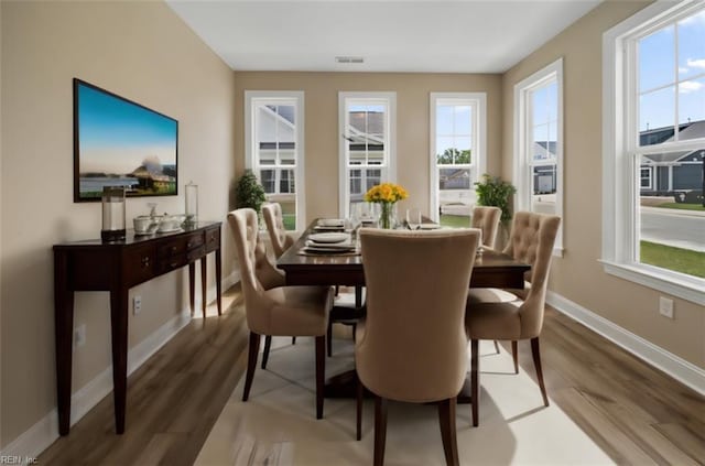 dining room featuring a healthy amount of sunlight, baseboards, and wood finished floors