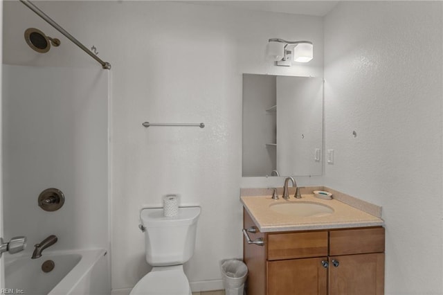 full bathroom with washtub / shower combination, toilet, and vanity