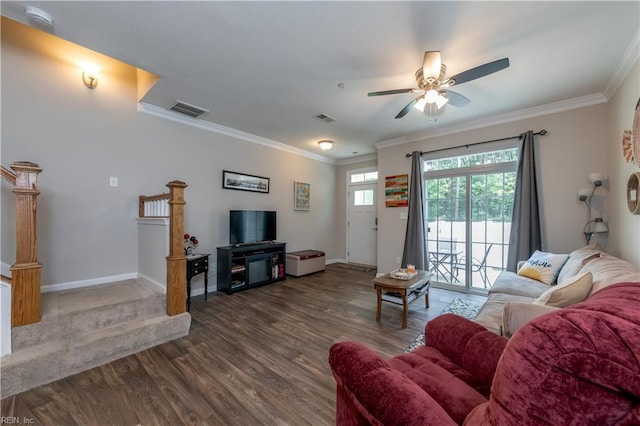 living room with ceiling fan, ornamental molding, and wood-type flooring