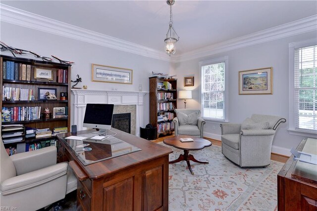 office space featuring ornamental molding and light wood-type flooring