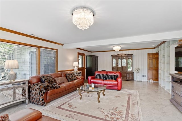 living room with light tile patterned floors, beam ceiling, and an inviting chandelier