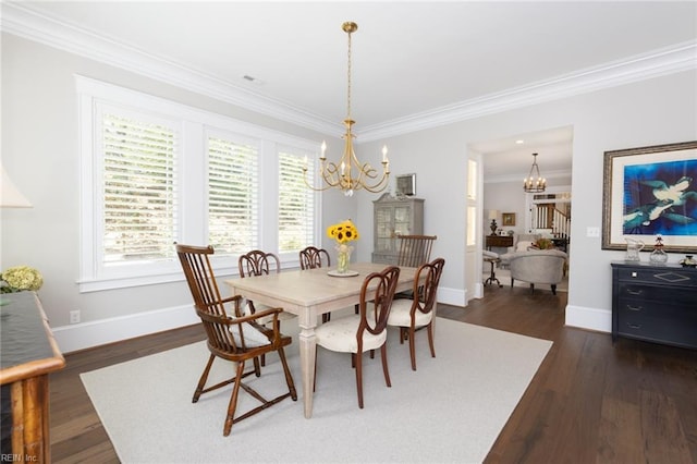 dining room featuring a chandelier, baseboards, stairs, ornamental molding, and dark wood-style floors