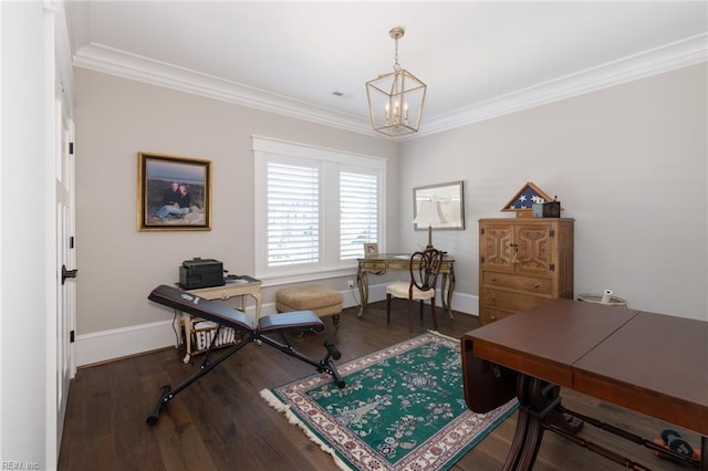 office space featuring crown molding, visible vents, an inviting chandelier, wood finished floors, and baseboards