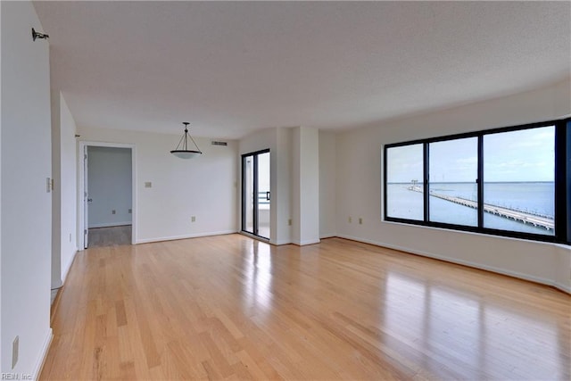 unfurnished room with light wood-type flooring, plenty of natural light, and a water view