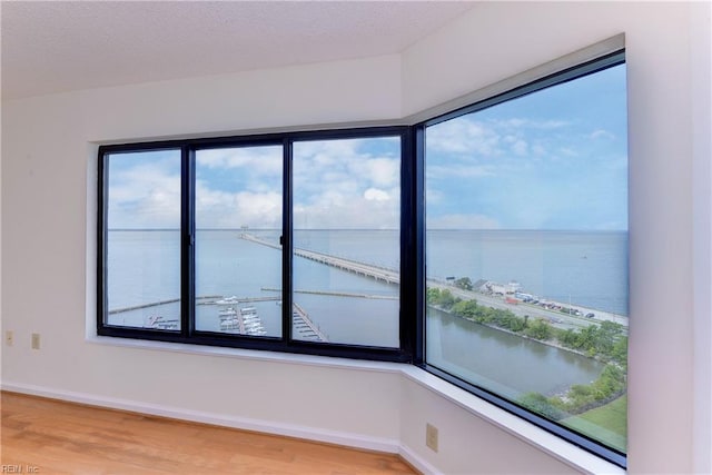 spare room featuring a water view and light wood-type flooring