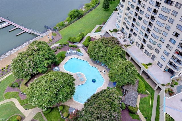 drone / aerial view with a water view